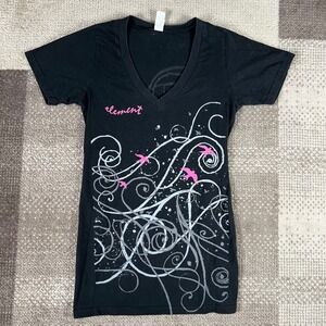 Y2K Element Womens Black V Neck T Shirt Graphic Birds Swirls Casual Top Size M